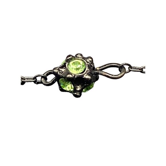 1928 Signed Gunmetal Colored Dainty Necklace With green Rhinestone Stations - Picture 4 of 8